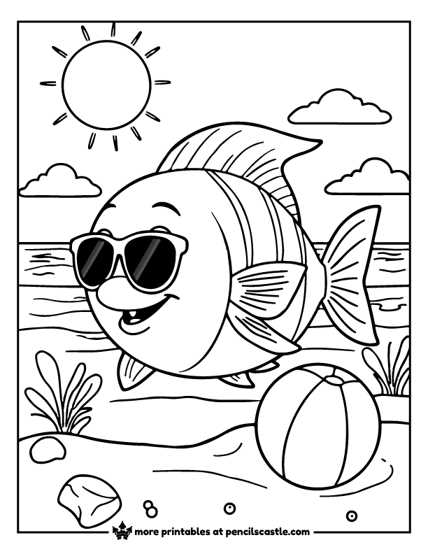 fish wearing sunglasses in a sunny summer beach with a beachball