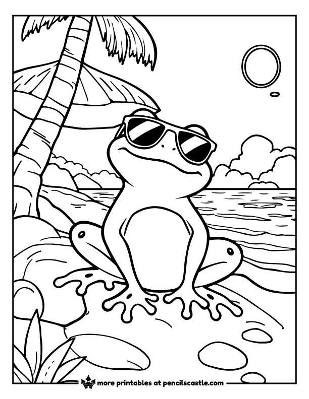 frog wearing sunglasses in a summer beach coloring sheet