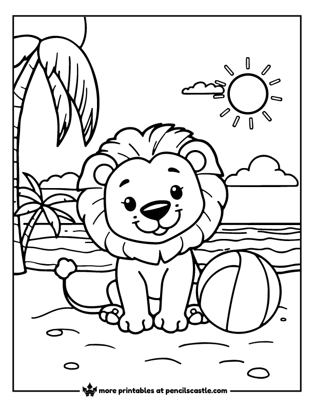 lion in a sunny summer beach with a beach ball coloring page