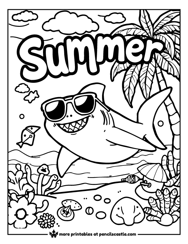 shark wearing sunglasses in a tropical beach coloring sheet