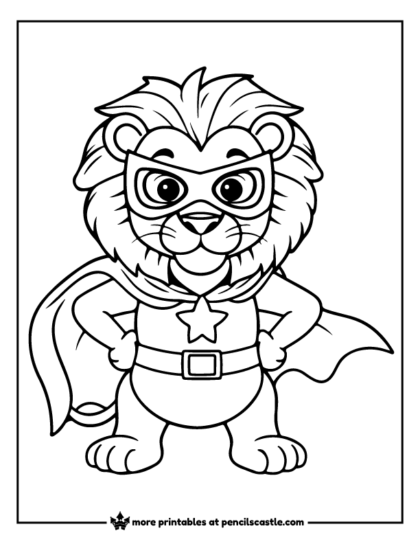 lion in a superhero cape and mask coloring sheet