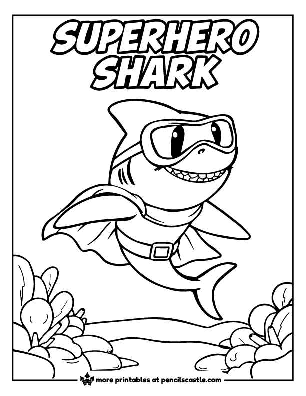 superhero shark with a cape and mask coloring page