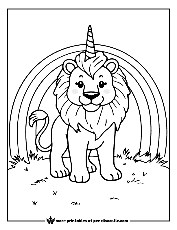 lion with a unicorn horn under a rainbow coloring page