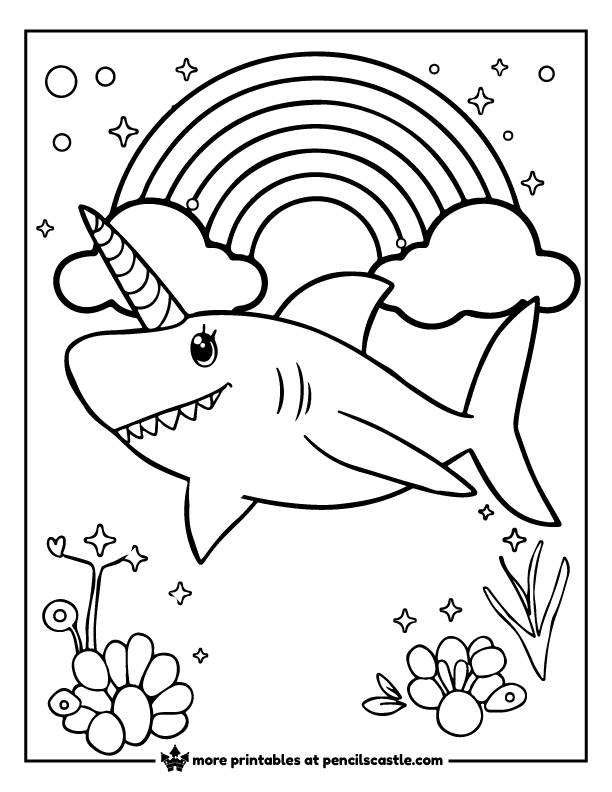 shark with a unicorn horn, rainbow, and stars coloring sheet 