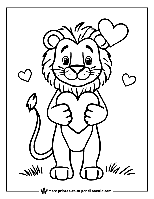 lion holding a heart in valentine’s day coloring page