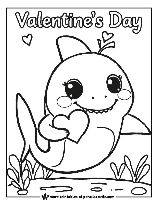 smiling baby shark holding a heart in valentine’s day coloring page