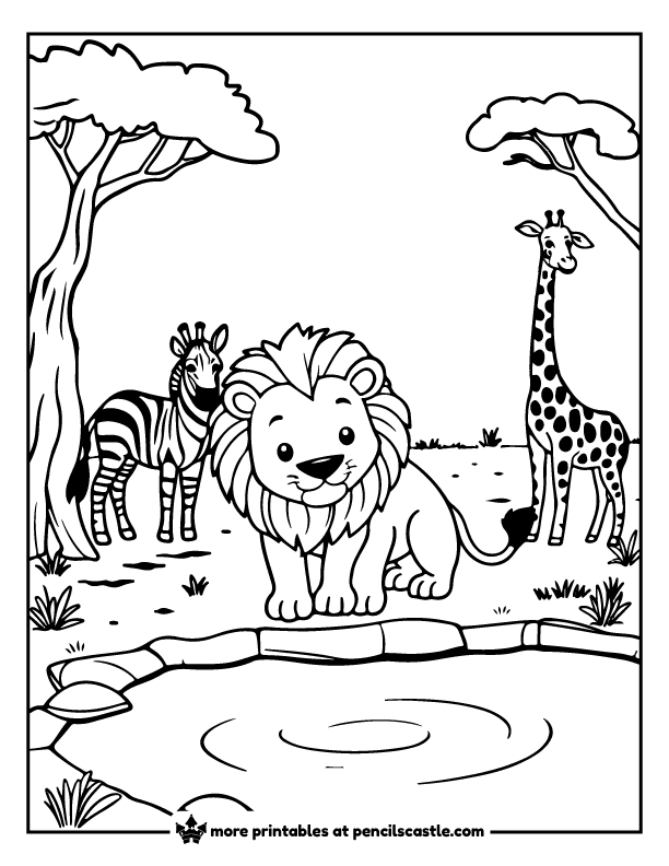 lion near a waterhole with a zebra and a giraffe coloring sheet