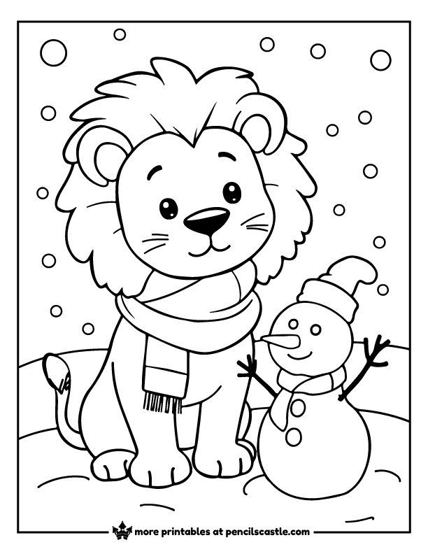 lion in a winter scarf with a snowman coloring page