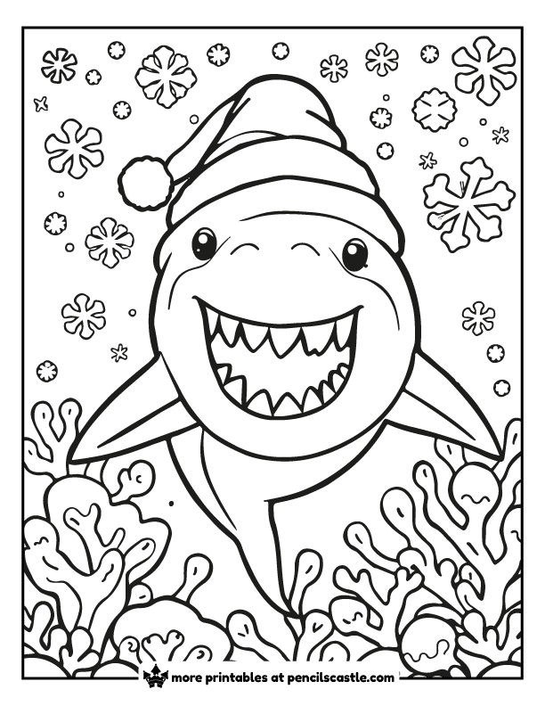 shark wearing a winter hat surrounded by snowflakes coloring page