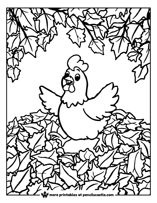 chicken jumping into a pile of fall leaves coloring sheet