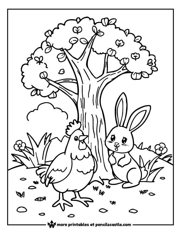 chicken and bunny under a tree coloring page