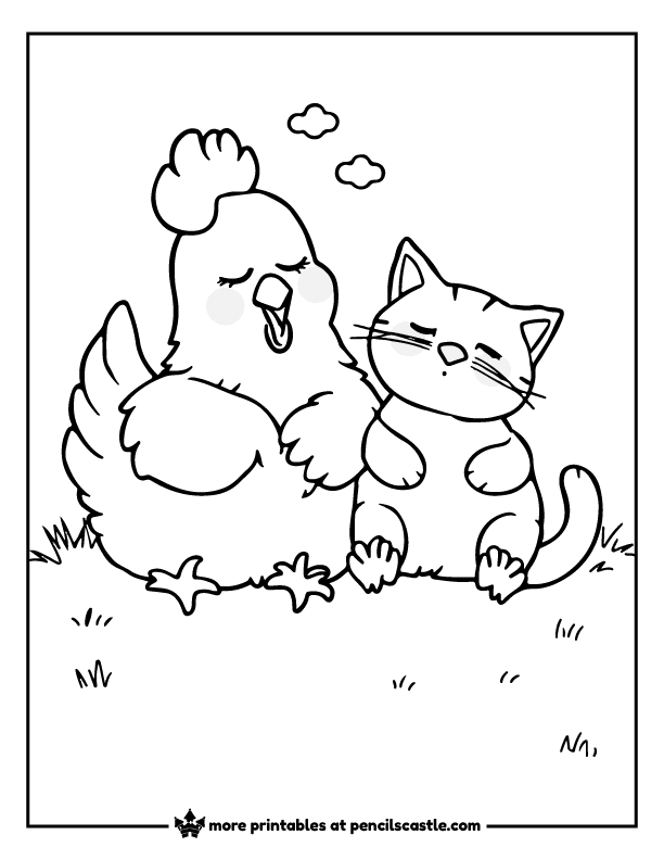 chicken and cat taking a nap coloring page