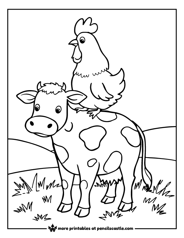 chicken sitting on a cow’s back coloring page