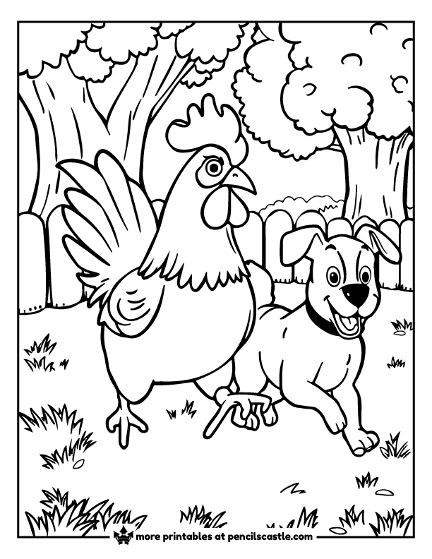 chicken and dog running around coloring sheet