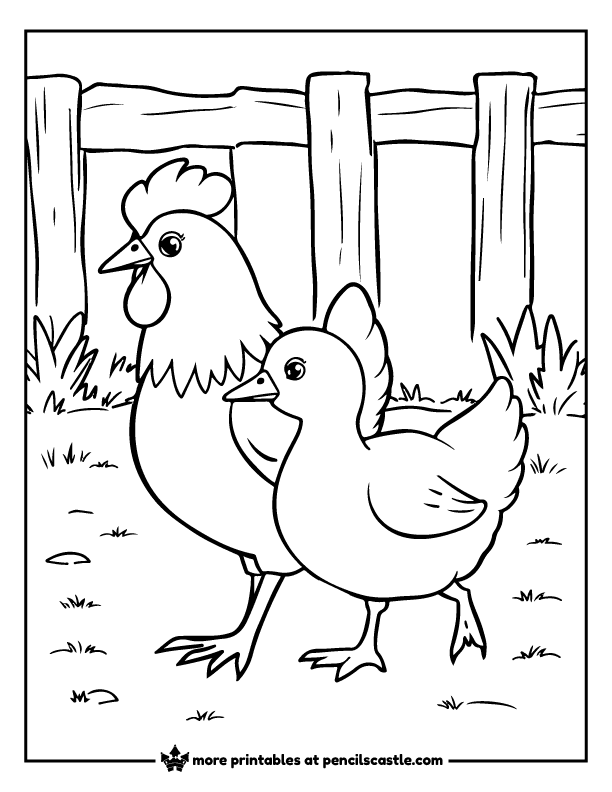 hen and a duck walking in a farmyard coloring sheet