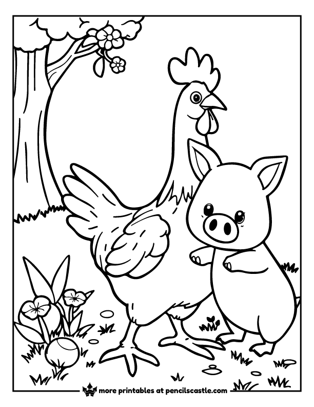 chicken and a pig playing together in a grassy field coloring sheet