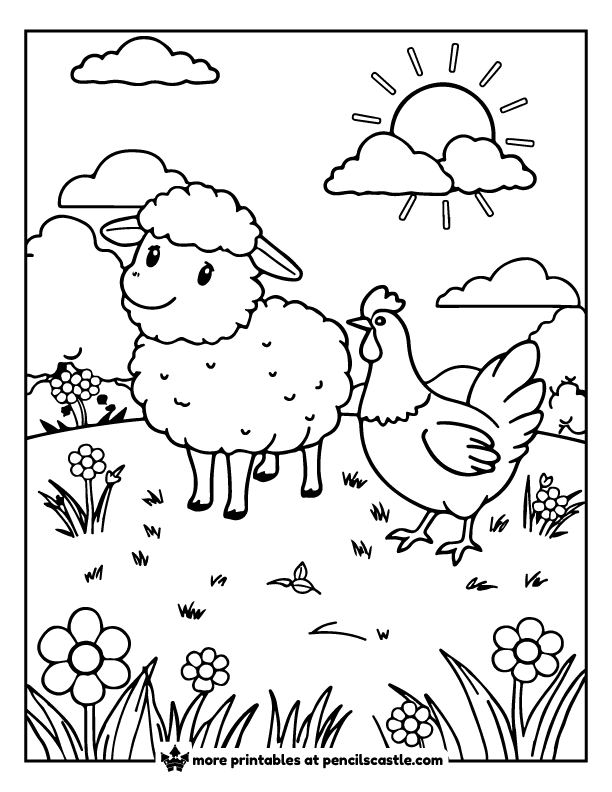 sheep and a chicken in the meadow coloring page