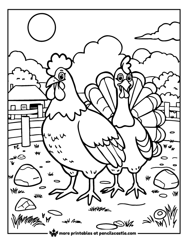 chicken and a turkey standing in a farm field coloring page