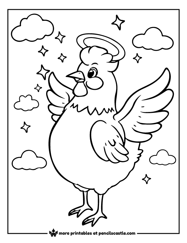 chicken with a halo and wings, surrounded by clouds and stars coloring page