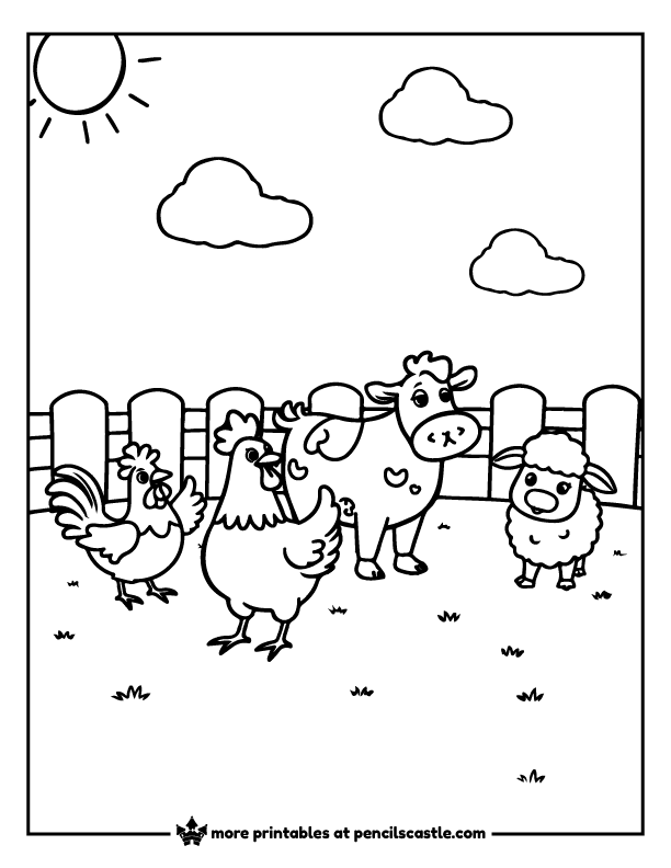 chicken with cow and sheep in the barnyard coloring page