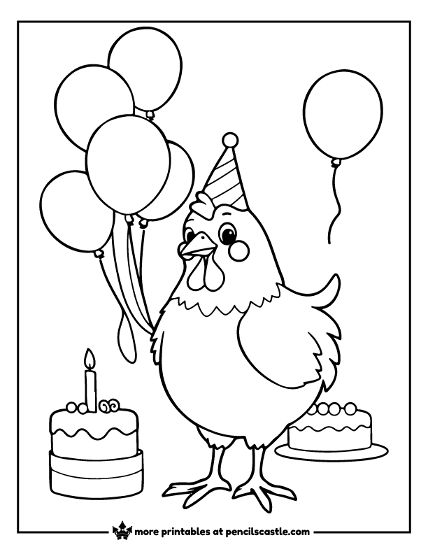 chicken in a party hat with balloons and a birthday cake coloring page