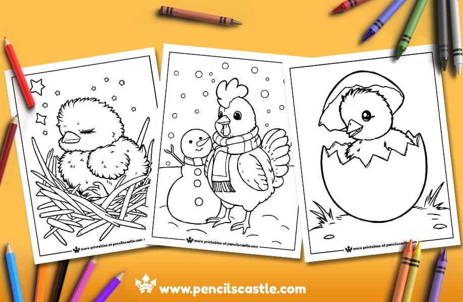 three chicken coloring pages with pencils and crayons on an orange background