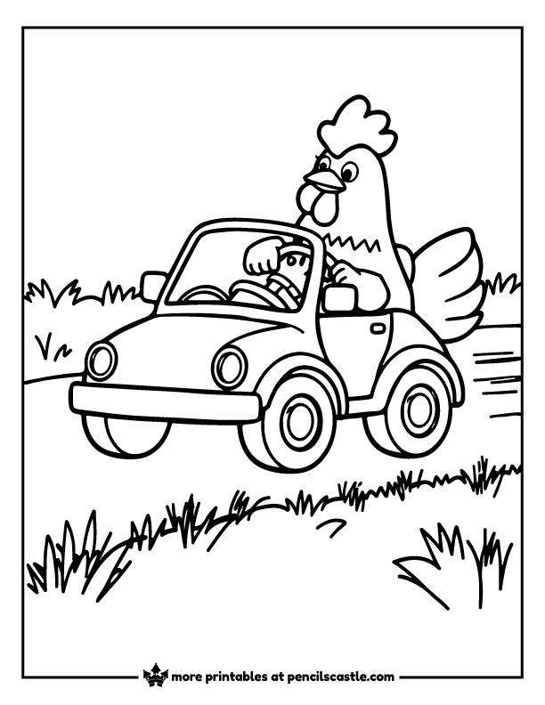 chicken driving a small car on a road coloring page