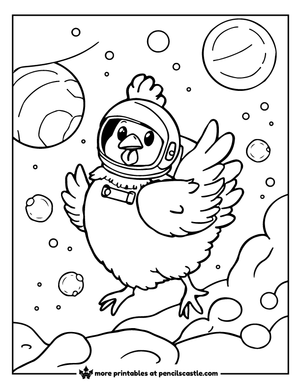 chicken floating in space with planets, wearing an astronaut helmet coloring sheet