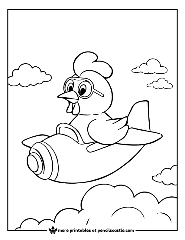 chicken pilot flying a small airplane among clouds coloring sheet