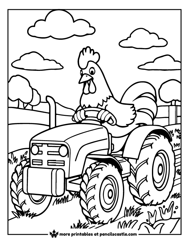 chicken driving a tractor in a farm setting coloring page