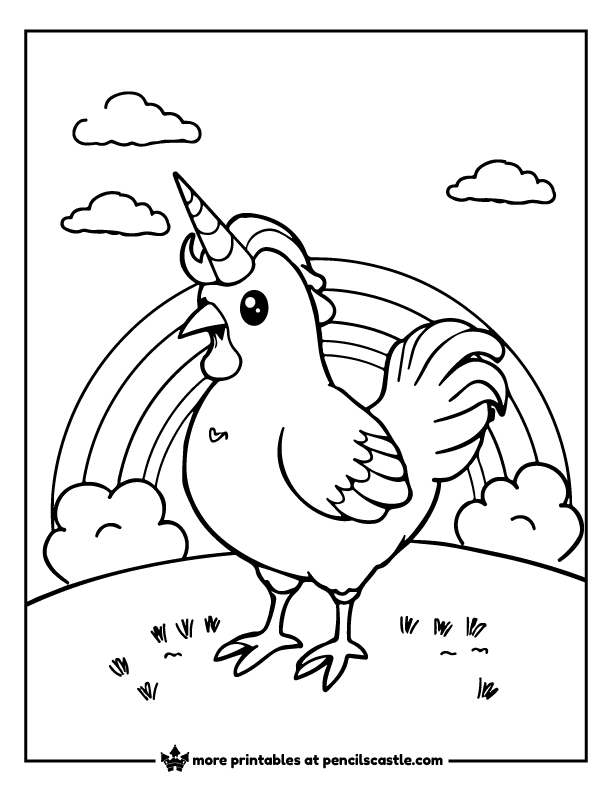 chicken with a unicorn horn, standing in front of a rainbow and clouds coloring page