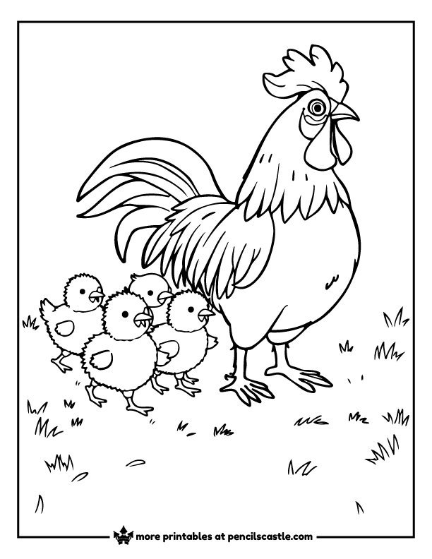 group of baby chicks following a rooster coloring page