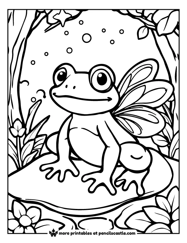 frog with fairy wings in a forest coloring page