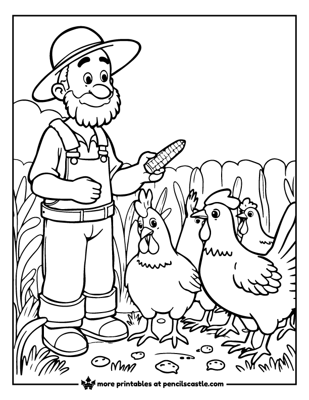 farmer holding corn feeding the chickens coloring page