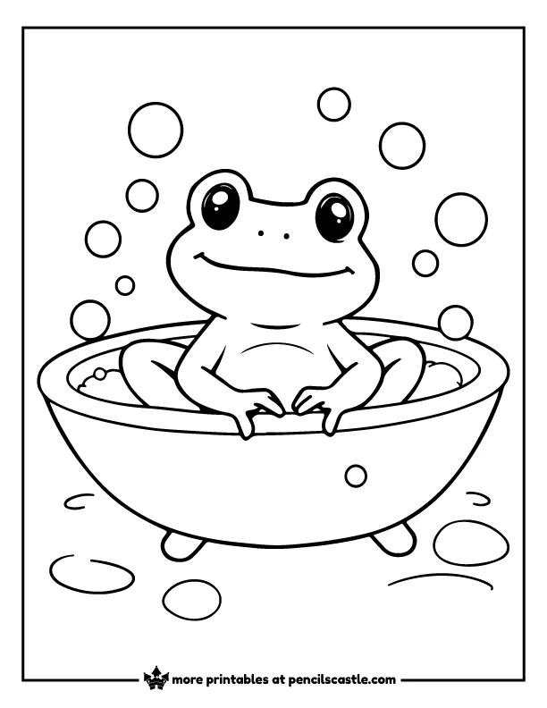 cute frog in a bathtub with bubbles coloring sheet