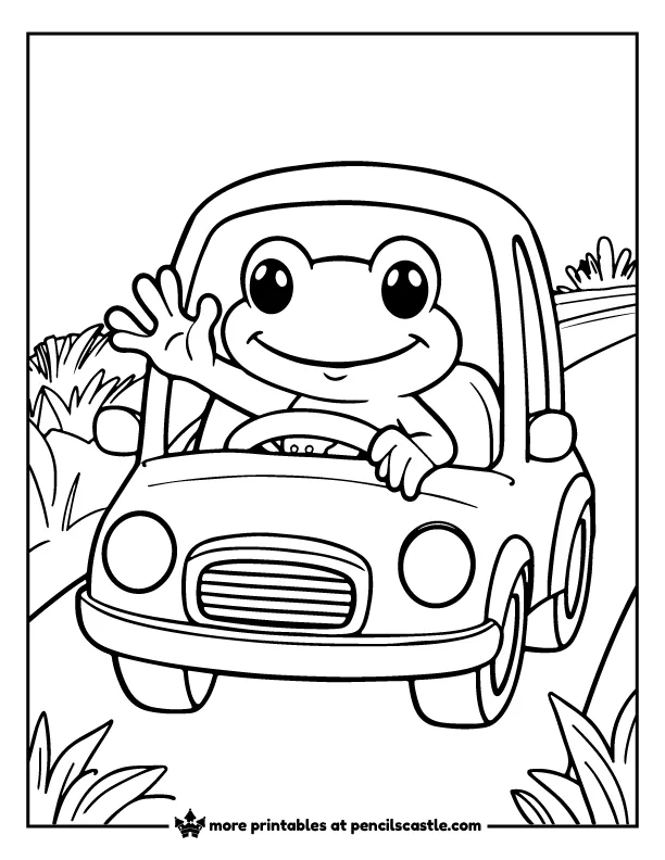 frog driving a car coloring page
