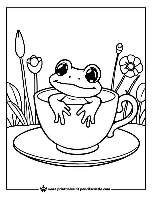 cute baby frog peeking out of a teacup coloring page