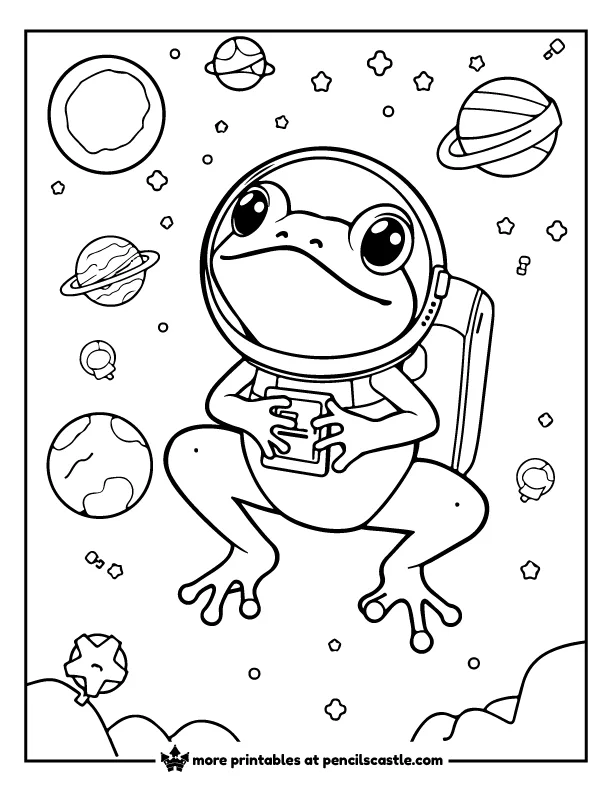 frog in a space helmet with planets and stars coloring page