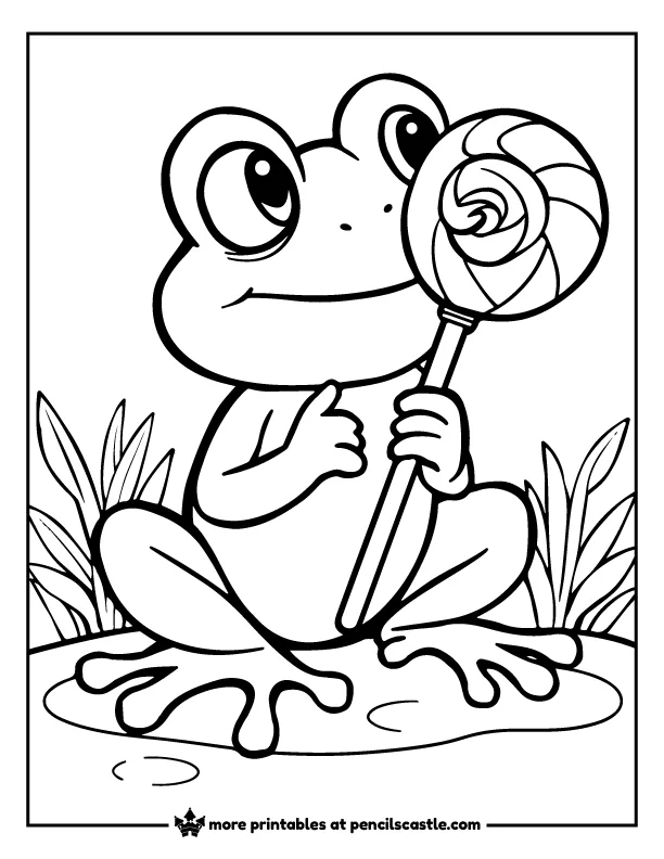 cute frog licking a big candy coloring page