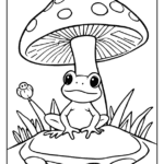 cute frog sitting under a giant toadstool coloring page