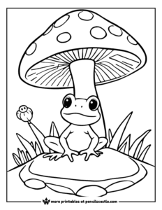 cute frog sitting under a giant toadstool coloring page