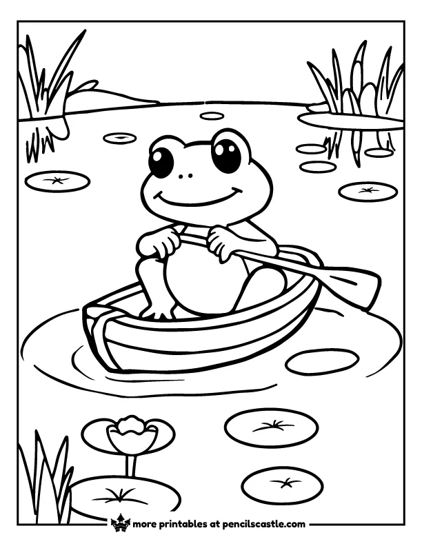 frog rowing a boat across a pond coloring page