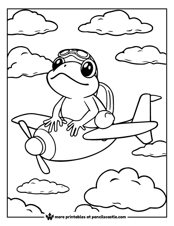 pilot frog on an airplane in the sky coloring sheet