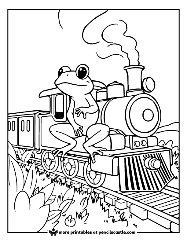 frog on a steam train coloring page
