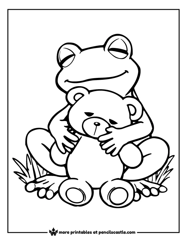 cute sleepy frog hugging a teddy bear coloring page