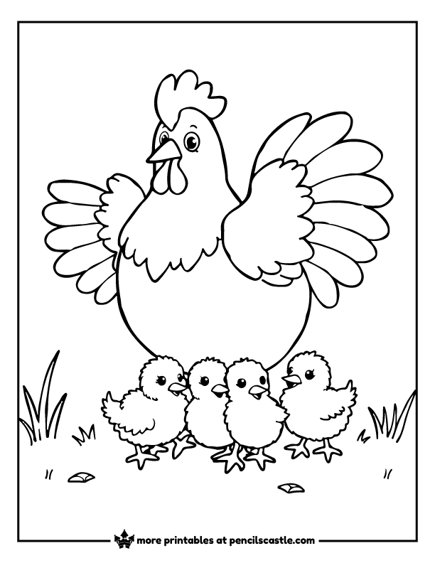 hen spreads her wings as her chicks cuddle underneath coloring page