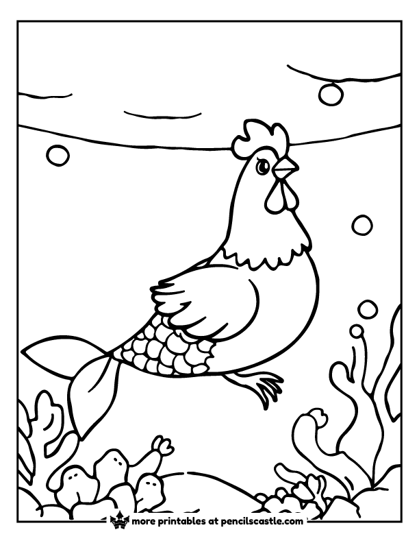 chicken with a mermaid tail, exploring the sea coloring page