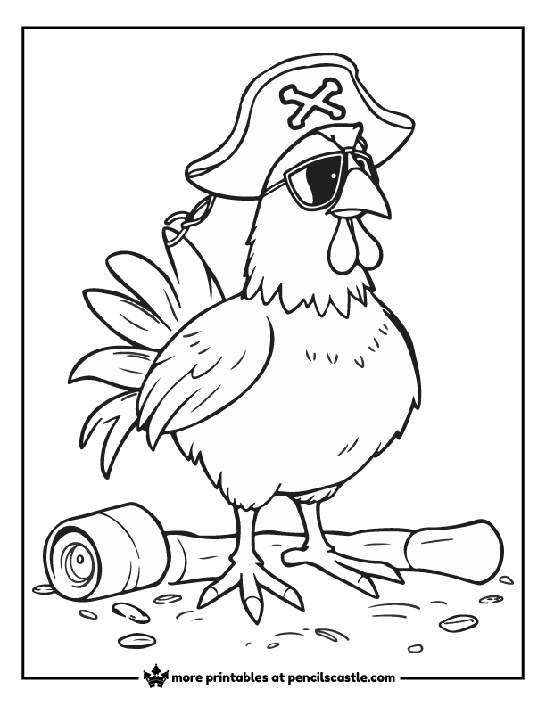 chicken wearing a pirate hat and eyepatch coloring page