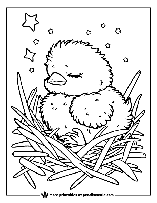 sleeping baby chick snuggles into the hay coloring sheet