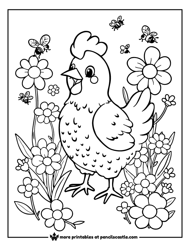 chicken surrounded by blooming spring flowers and bees coloring page